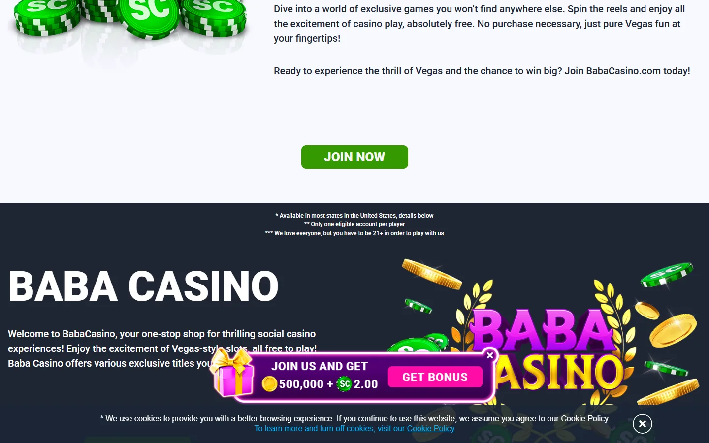Baba Casino promotions page displaying welcome bonus and ongoing offers