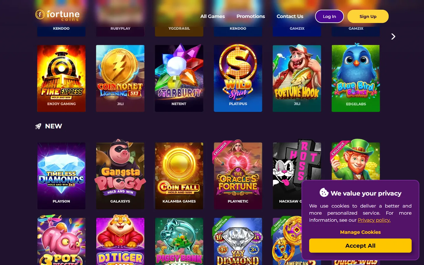 Fortune Coins game selection grid showing available slots and casino games