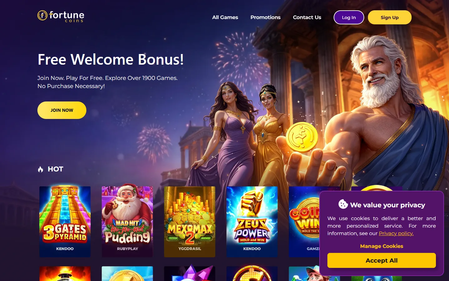 Fortune Coins homepage showing the main lobby with featured games and navigation
