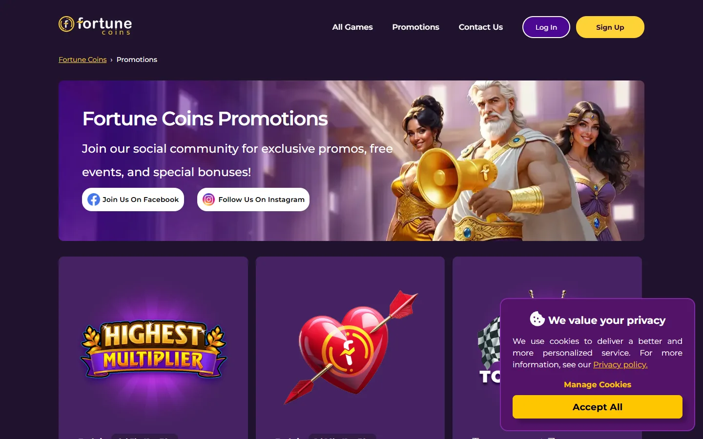 Fortune Coins promotions page displaying welcome bonus and ongoing offers