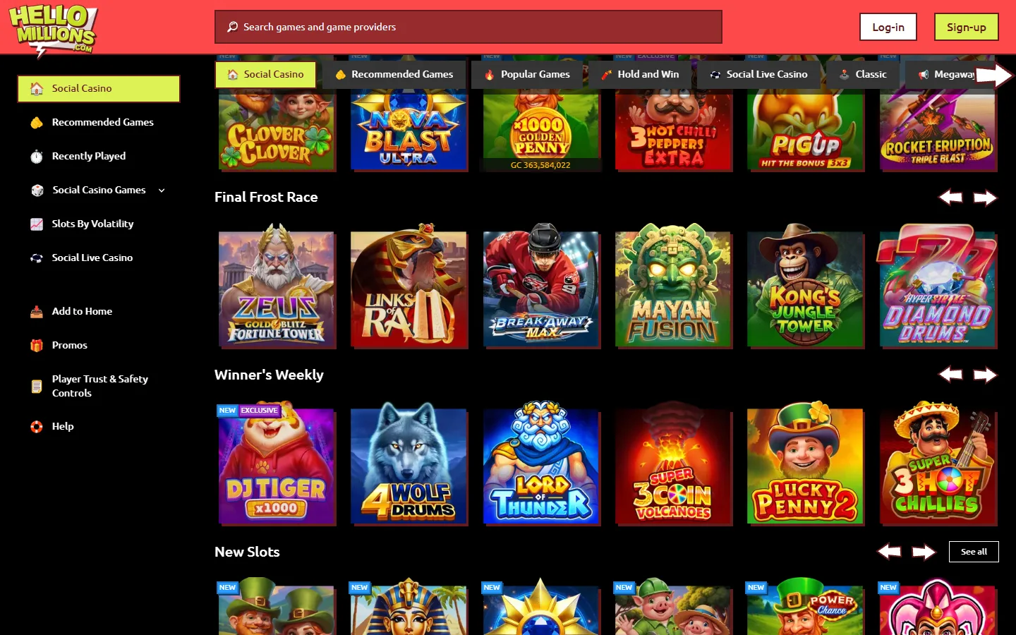 Hello Millions game selection grid showing available slots and casino games