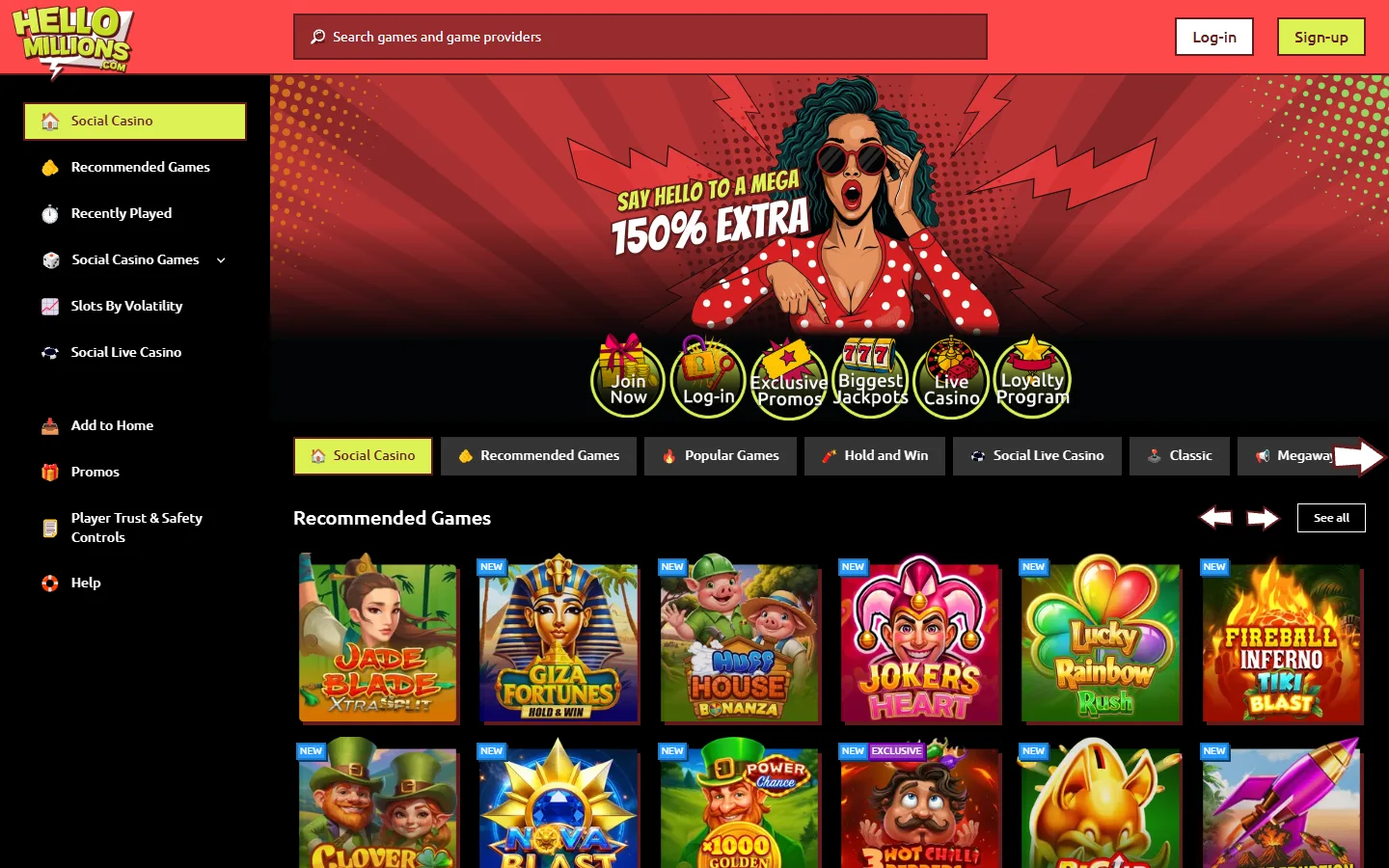 Hello Millions homepage showing the main lobby with featured games and navigation