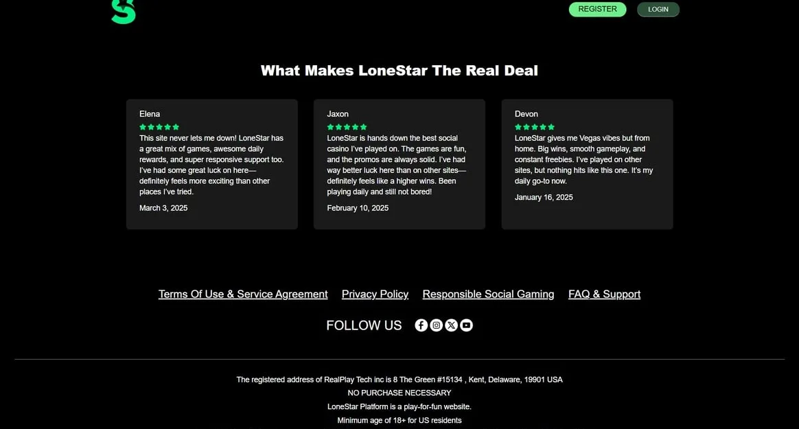 LoneStar Casino game selection grid showing available slots and casino games