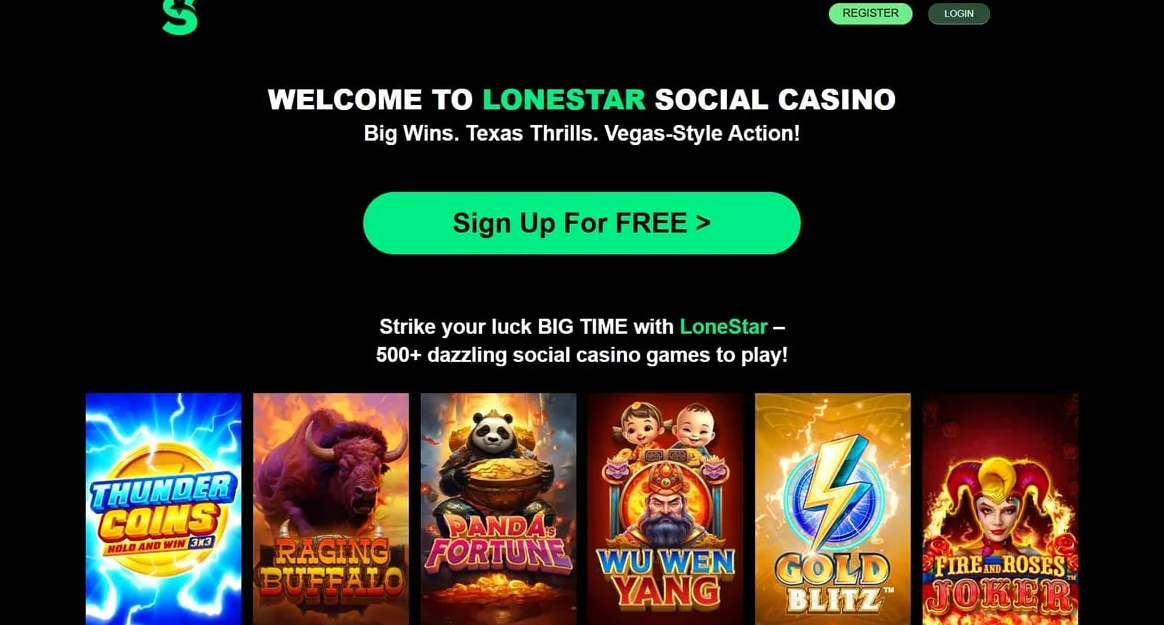 LoneStar Casino homepage showing the main lobby with featured games and navigation