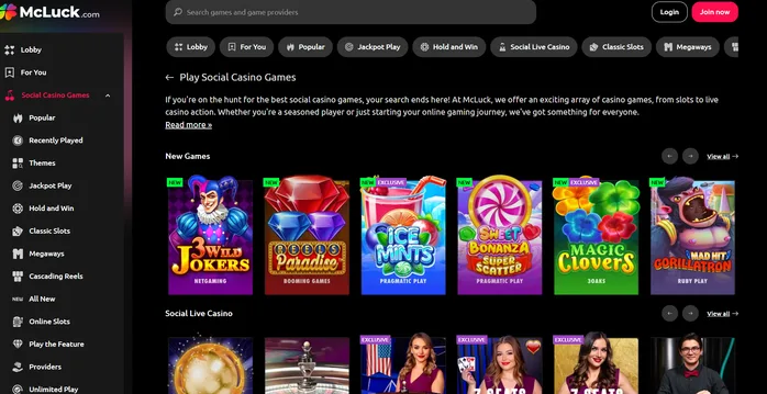 McLuck game selection grid showing available slots and casino games