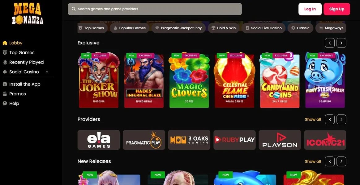 MegaBonanza homepage showing the main lobby with featured games and navigation