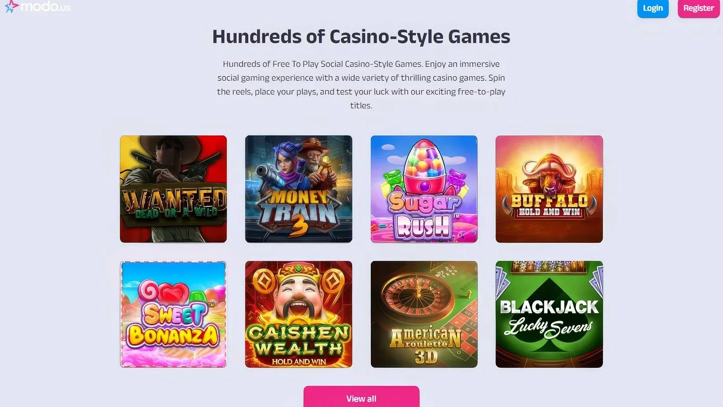Modo.us game selection grid showing available slots and casino games