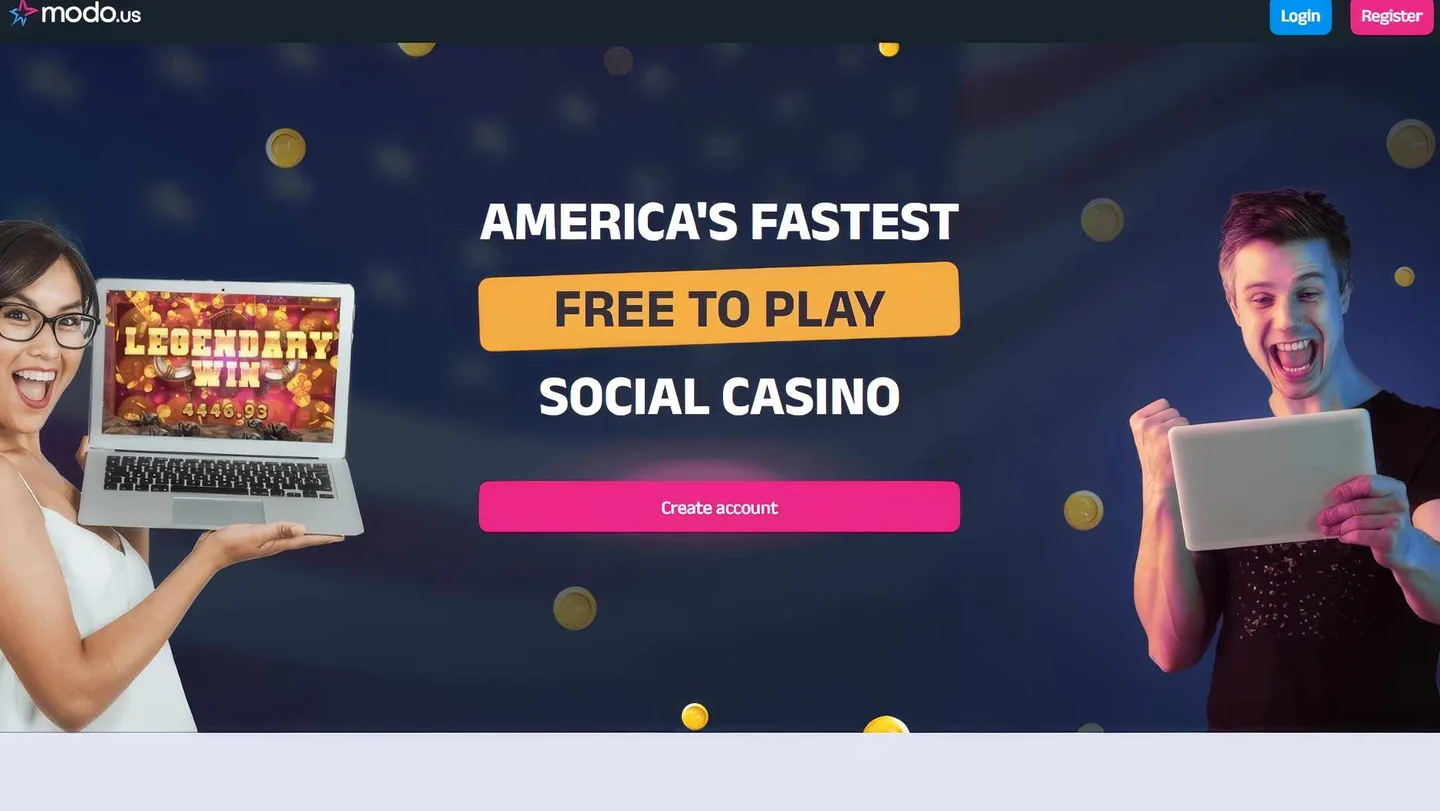 Modo.us homepage showing the main lobby with featured games and navigation