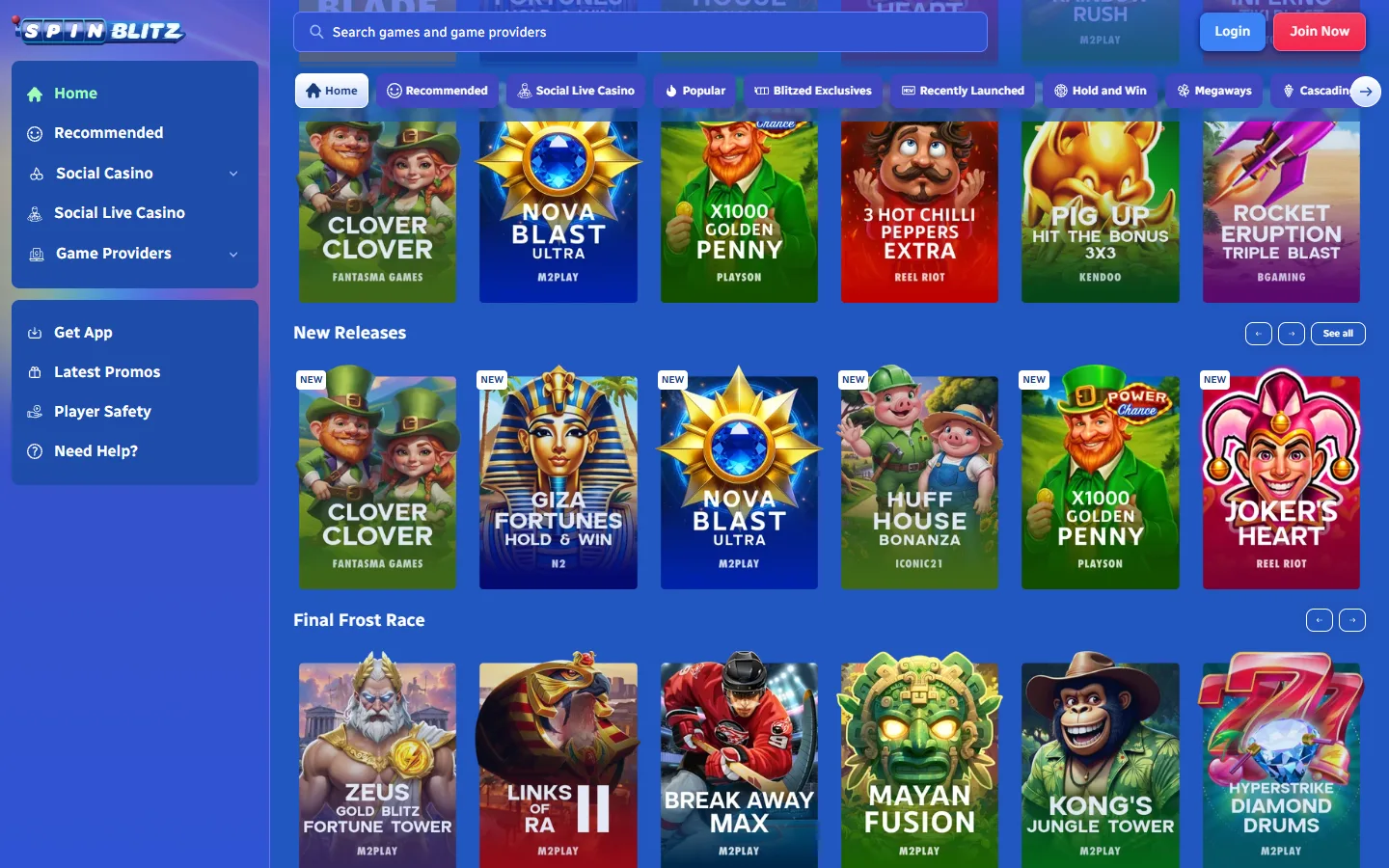 SpinBlitz game selection grid showing available slots and casino games