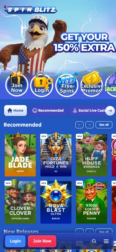 SpinBlitz mobile view showing the responsive design on a smartphone