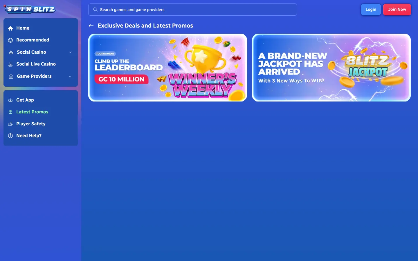 SpinBlitz promotions page displaying welcome bonus and ongoing offers