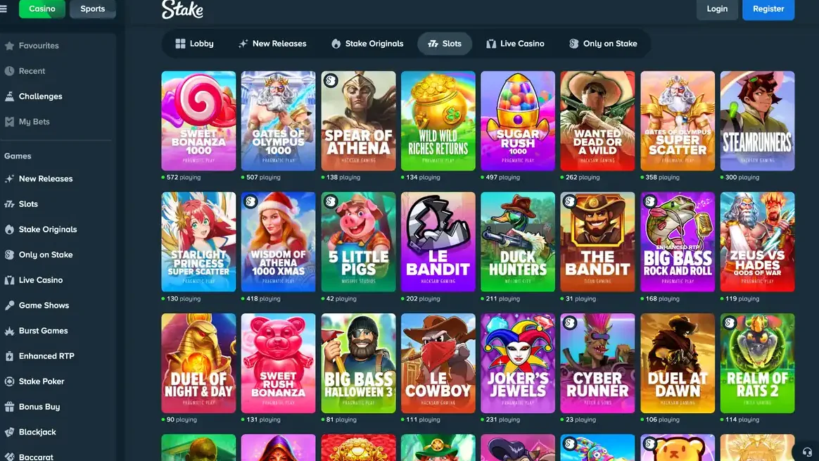 Stake.us game selection grid showing slot thumbnails and category filters
