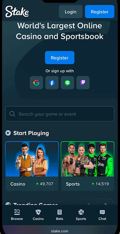 Stake.us mobile interface showing the responsive casino layout on smartphone