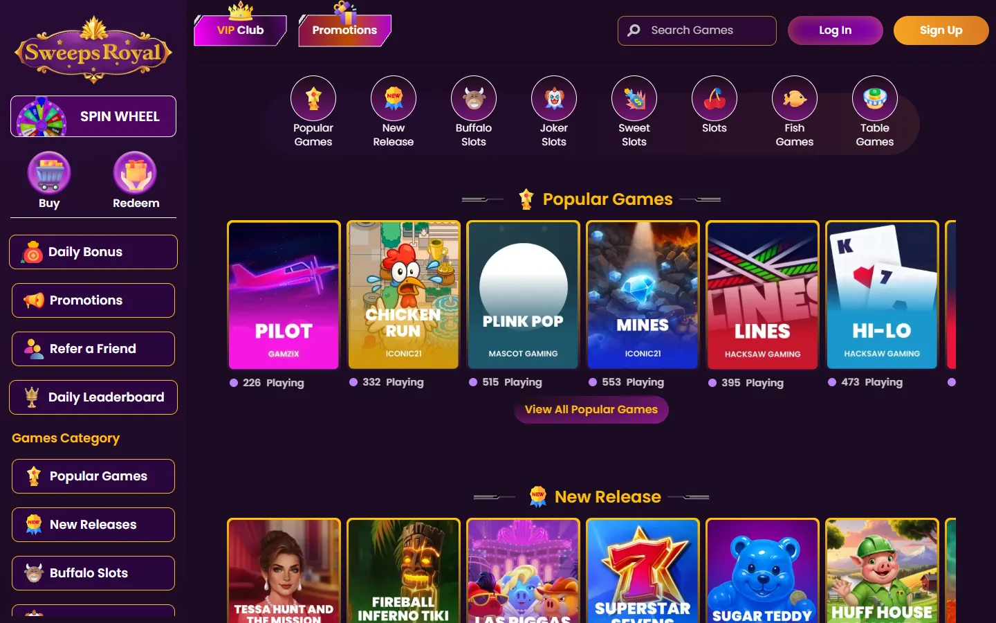 Sweeps Royal game selection grid showing available slots and casino games